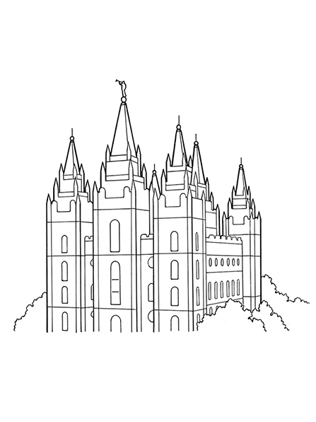 A black-and-white illustration of the top half of the Salt Lake Temple surrounded by trees.