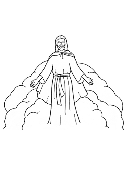 A black and white illustration of Christ, wearing a robe, during the Second Coming.
