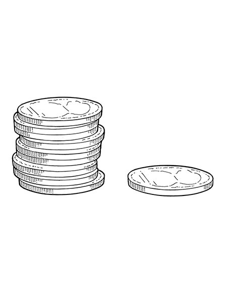 A black-and-white illustration of nine coins in a stack with a single coin next to them on the right.