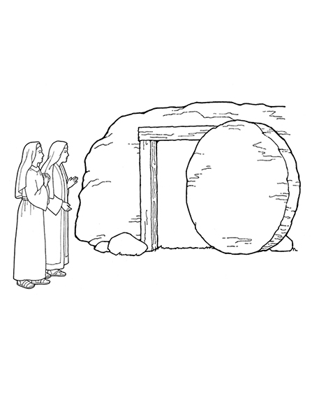 A black-and-white illustration of two women standing outside of the empty tomb with the stone rolled away from the entrance.