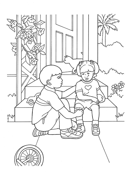 A black-and-white illustration of a boy comforting a girl who is sitting on the steps of their home with a bandage on her knee.