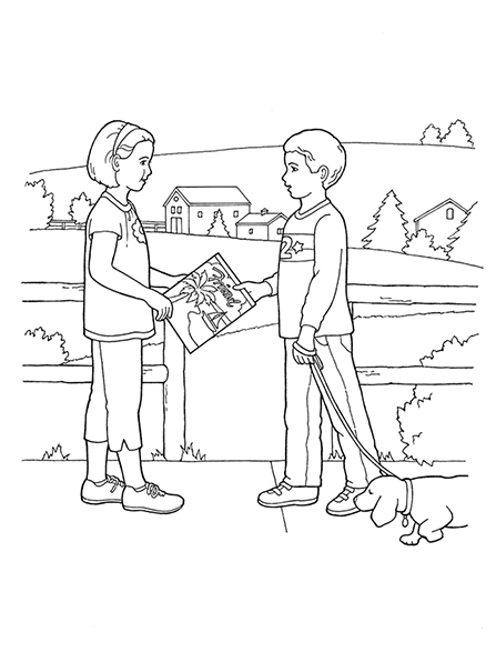 A black-and-white illustration of a boy walking a dog next to fence and offering a copy of the Friend to a young girl.