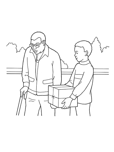 A black-and-white illustration of a young boy carrying a box for his grandfather, who is using a cane to walk.