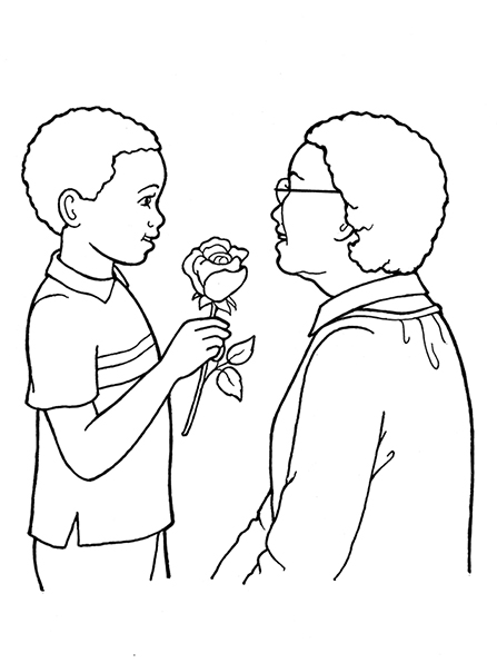 A black-and-white illustration of a boy with curly hair and a striped shirt giving a rose to an elderly woman.