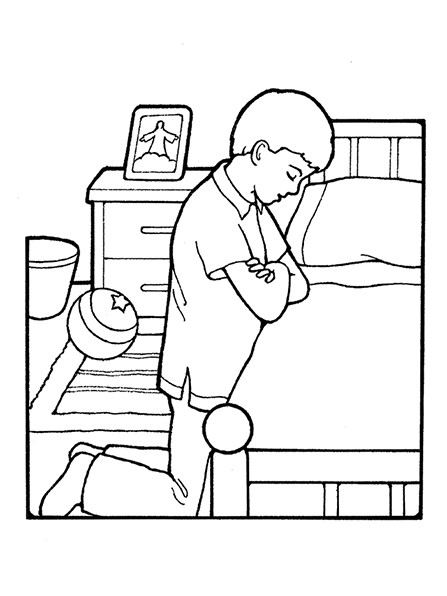 A black-and-white illustration of a boy kneeling to pray next to his bed with a framed picture of the resurrected Christ on his nightstand.