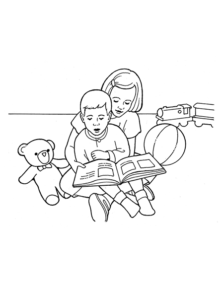 A black-and-white illustration of two young children sitting in a playroom, surrounded by toys and reading a storybook together.