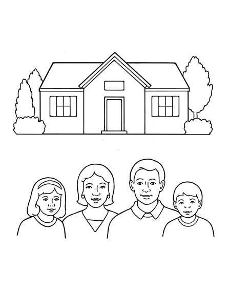 A black-and-white illustration of a house with a few trees outside of it, with an illustration of a family of four beneath it.