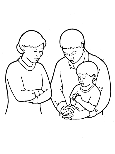 A black-and-white illustration of a mother and father and young son kneeling together with hands folded to pray.