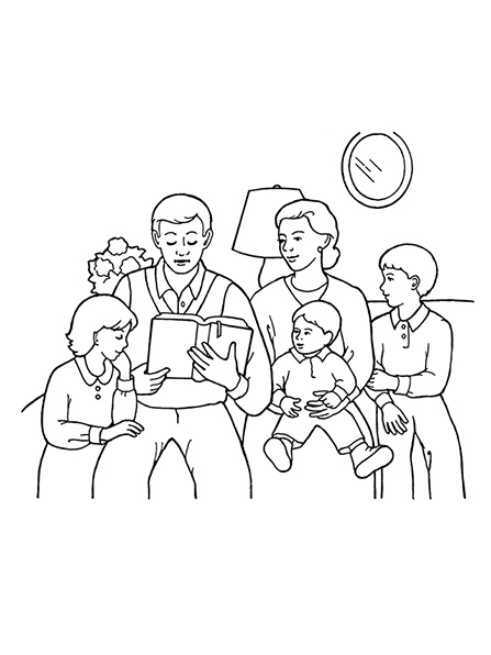 A black-and-white illustration of a family of five in their living room reading scriptures together; a mirror, lamp, and vase of flowers are behind them.