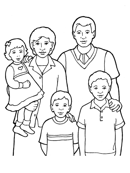 A black-and-white illustration of a family of five standing together, with the mother holding the youngest child, a girl, in her arms.