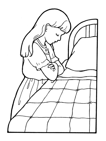 A black-and-white illustration of a girl with long hair folding her arms and bowing her head next to her bed to say a prayer.