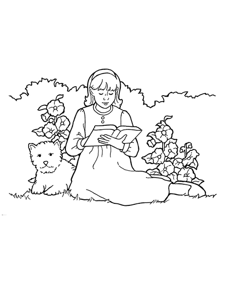 A black-and-white illustration of a young girl sitting next to a dog in a garden amid the flowers and reading from her scriptures.