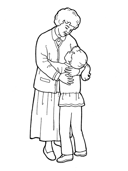 A black-and-white illustration of a grandmother wearing a dress and sweater and hugging her granddaughter, who is looking up at her.