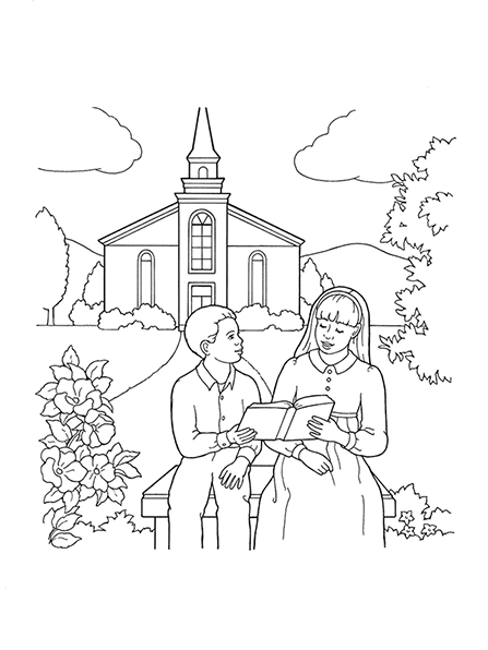 A black-and-white illustration of a young woman and a boy sitting outside of a Church meetinghouse reading the scriptures together.