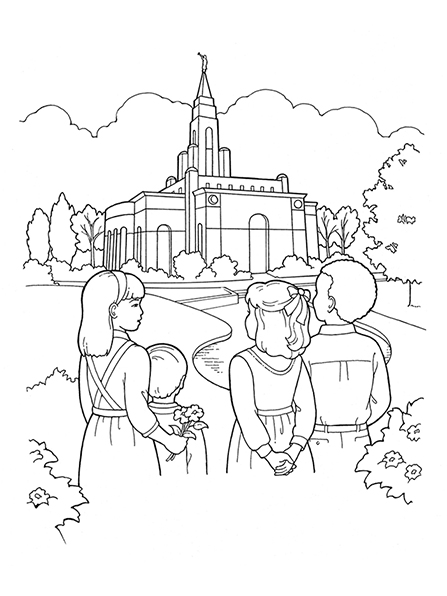 A black-and-white illustration of four children standing together outside of a temple, which is surrounded by plants and trees.