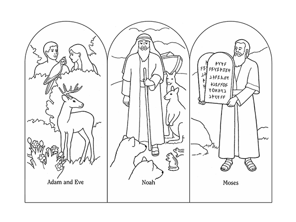Black-and-white illustrations of scenes from the Old Testament: Adam and Eve in the garden, Noah with the animals, and Moses with the stone tablets.