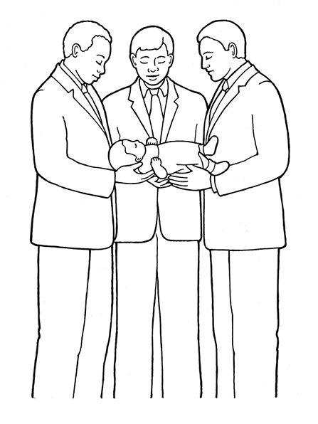 A black-and-white illustration of a group of three men holding a baby in their arms to give the baby a name and blessing.