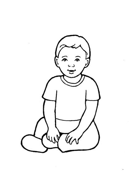 A black-and-white illustration of a baby boy sitting on the floor.