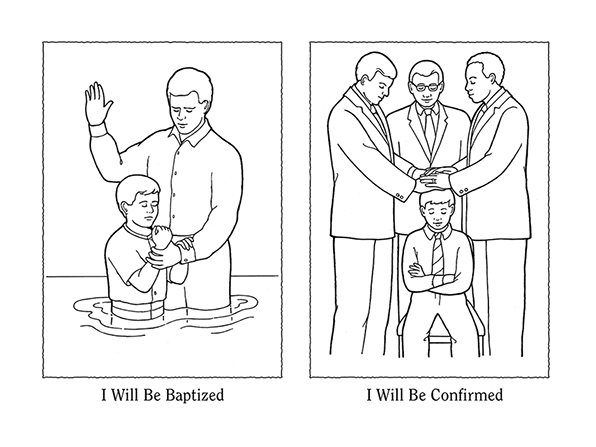 Black-and-white illustrations of a boy being baptized and then confirmed, next to the words "I will be baptized" and "I will be confirmed."
