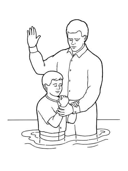 A black-and-white illustration of a father, with his right hand raised, baptizing his son.