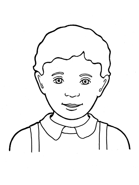 A black-and-white illustration of a Primary-age boy with curly hair wearing a collared shirt and suspenders.