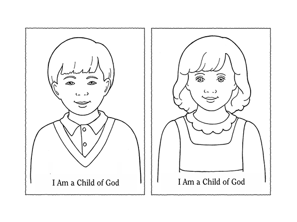 A black-and-white illustration of a young boy and a young girl next to the words "I Am A Child of God."