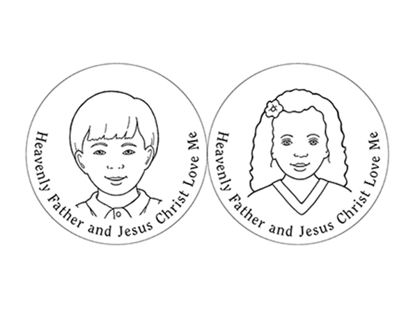 A black-and-white illustration of a young boy and a young girl surrounded with the words "Heavenly Father and Jesus Christ Love Me."