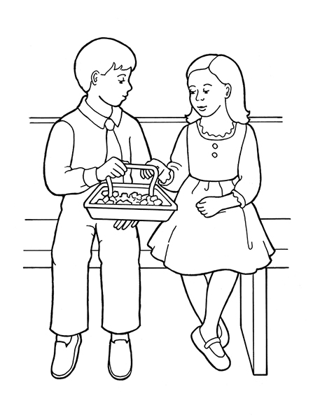 A black-and-white illustration of a young girl and a young boy sitting next to each other in Sunday dress taking the sacrament bread.
