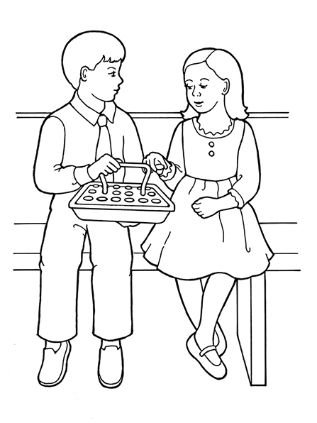 A black-and-white illustration of a young girl and a young boy sitting next to each other in Sunday dress taking the sacrament water.