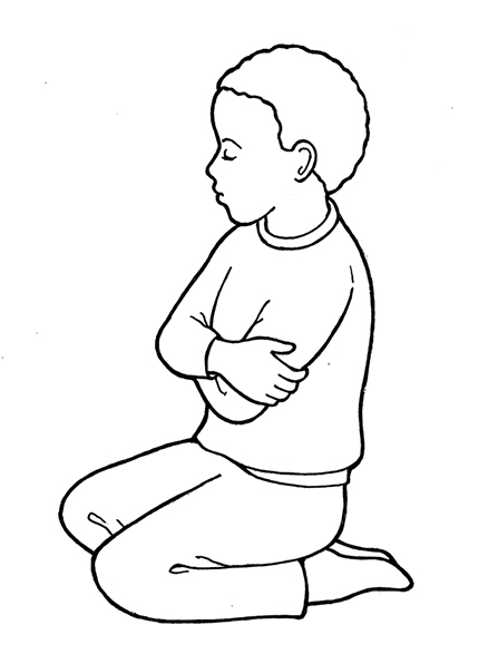 A black-and-white illustration of a boy wearing a simple sweater and pair of trousers kneeling on the ground in prayer.