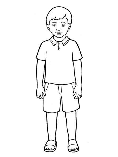 A black-and-white illustration of a Primary-age boy wearing a polo shirt with shorts and a pair of sandals.