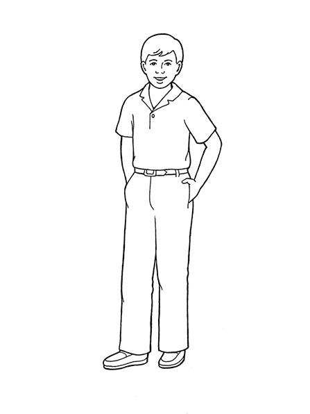 A black-and-white illustration of a young man wearing a polo shirt and a pair of trousers.