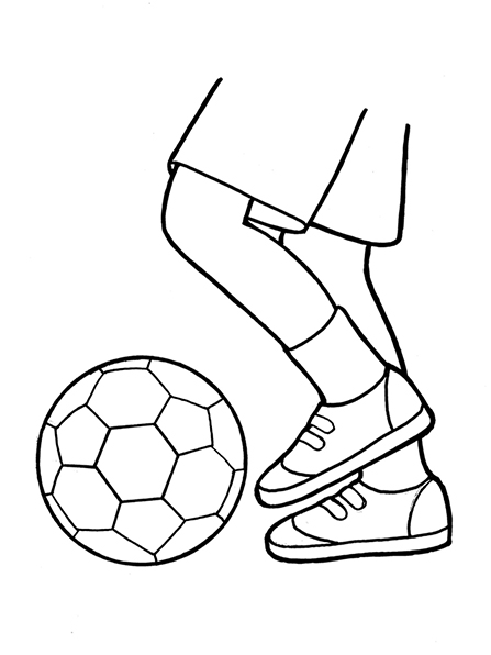 A black-and-white illustration of a pair of feet with tennis shoes on and kicking a soccer ball.
