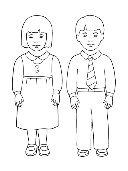 A black-and-white illustration of a Primary-age boy and girl, meant to be cut out and made into puppets.