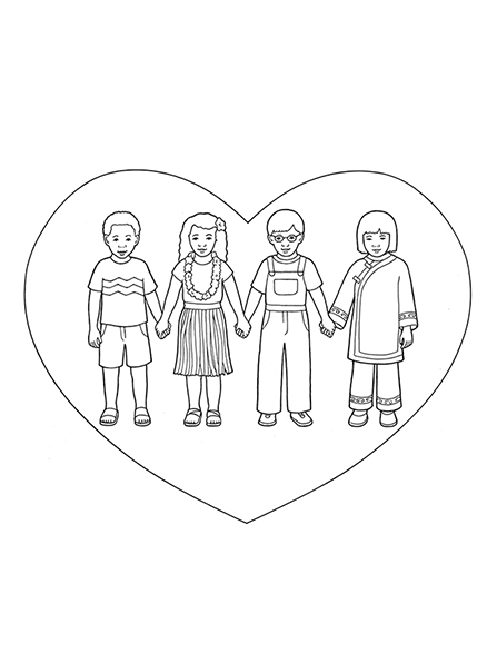 A black-and-white illustration of four children from around the world holding hands with a simple heart drawn around them.