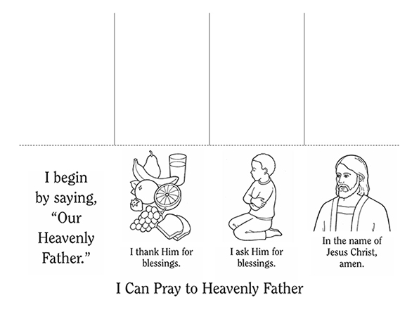 Black-and-white illustrations of things that children can pray over, such as food, with instructions of how to say a simple prayer below the images.