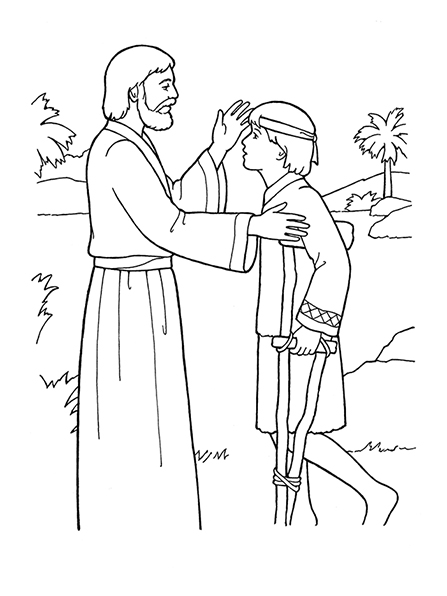 A black-and-white illustration of Jesus Christ healing a young boy who is sick and using crutches.