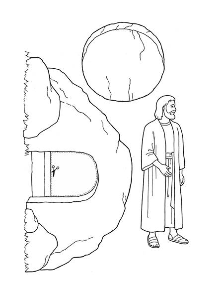 A black-and-white illustration of a tomb, a large stone, and Jesus Christ, meant to be cut out for children.