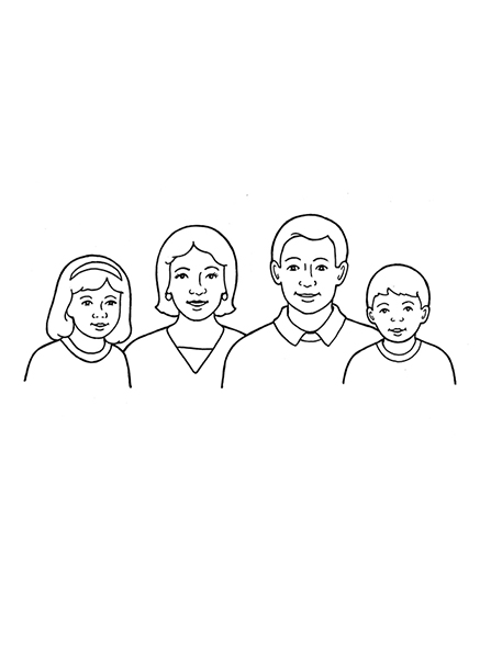 A black-and-white illustration of a family of four: a mom and dad with a young daughter and a young son.