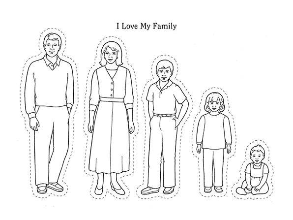 Black-and-white illustrations of five family members—a mother, father, and three children—and the words "I Love My Family" at the top.