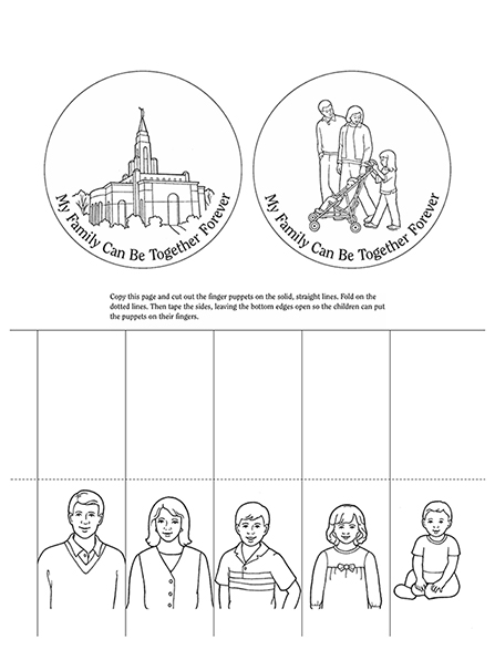 Black-and-white illustrations of family members and the temple, next to the words "My Family Can Be Together Forever."