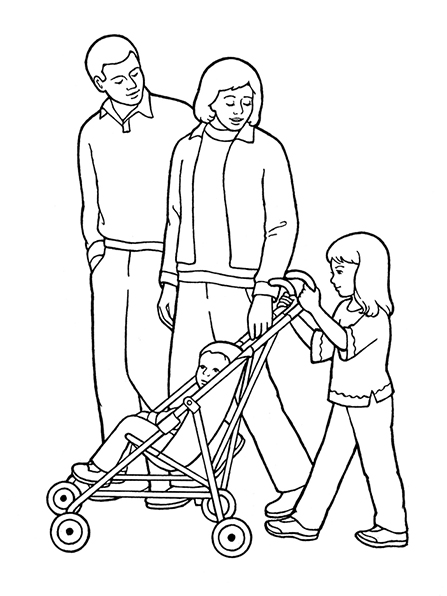 A black-and-white illustration of a family walking together, with a toddler-aged boy in a stroller being pushed by a young girl.