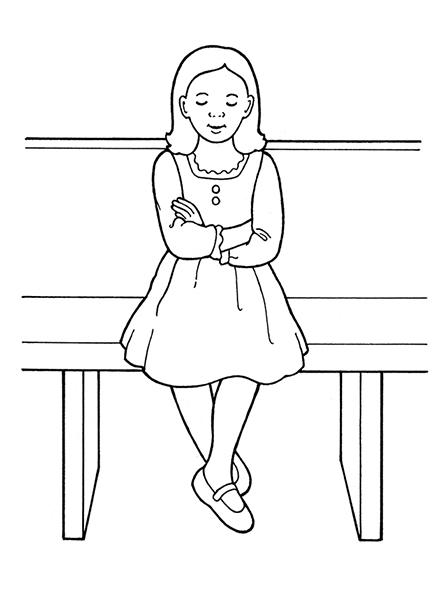 A black-and-white illustration of a Primary-age girl in a dress, sitting on a bench with her arms folded and her eyes closed.