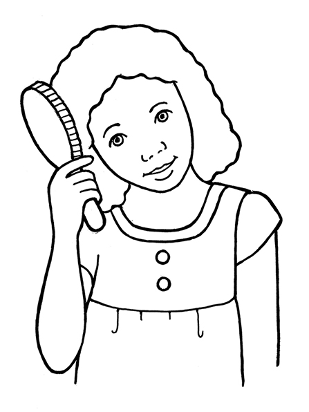 A black-and-white illustration of a young girl brushing her medium-length, curly hair with a paddle brush.