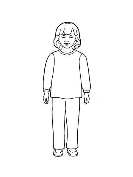 A black-and-white illustration of a young girl standing with shoulder-length hair and wearing a simple sweater and pair of trousers.