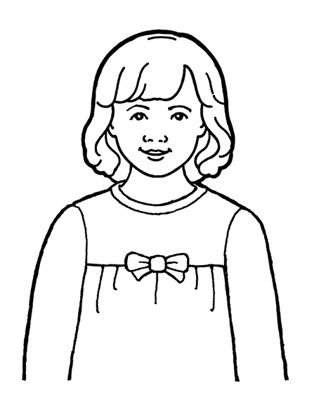 A black-and-white illustration of a young girl with shoulder-length hair wearing a sweater with a bow on the front of it.