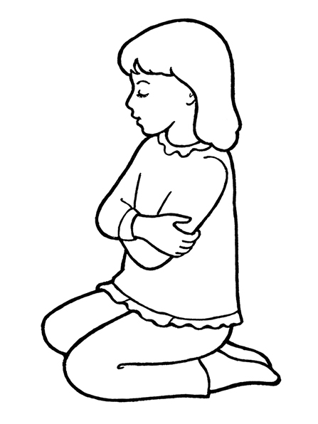 A black-and-white illustration of a young girl in a frilly sweater and simple pair of trousers kneeling to pray on the ground.