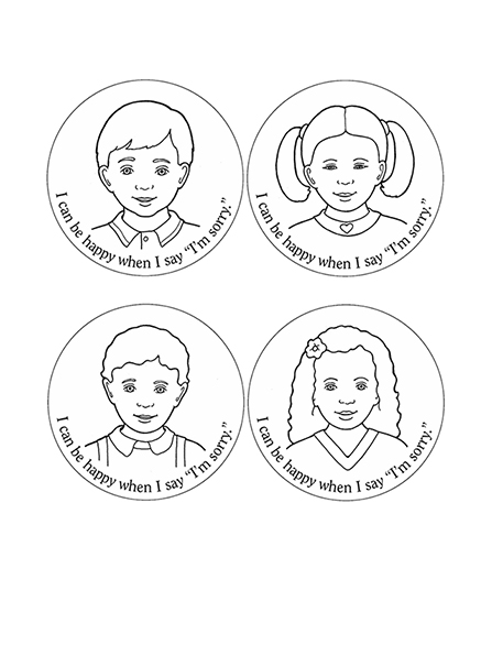 Black-and-white illustrations of four Primary children with the words "I can be happy when I say 'I'm sorry.'"