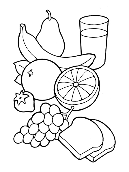 A black-and-white illustration of some healthy food, including various fruits, two slices of bread, and a glass of milk.