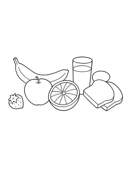 A black-and-white illustration of food including bread, strawberries, a banana, an egg, an orange, an apple, and a glass of milk.